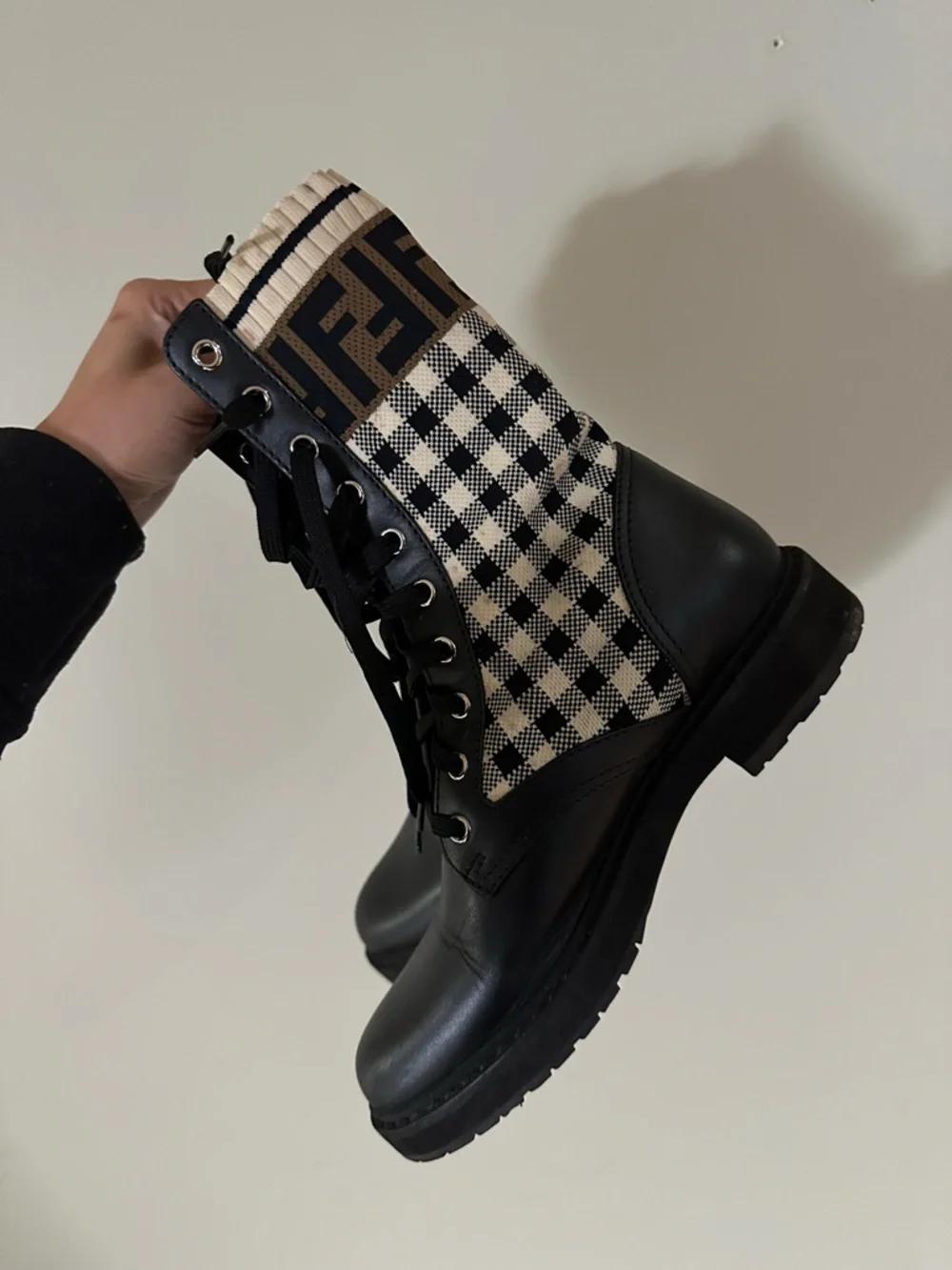 Fendi Black Leather & Cream Check Lace-Up Combat Boots - Picture 4 of 4